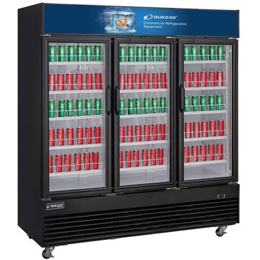 Dukers Appliance Co DSM-69R 78" Three Section Swing Glass Door Merchandiser Refrigerator in Black, 69.43 cu. ft.