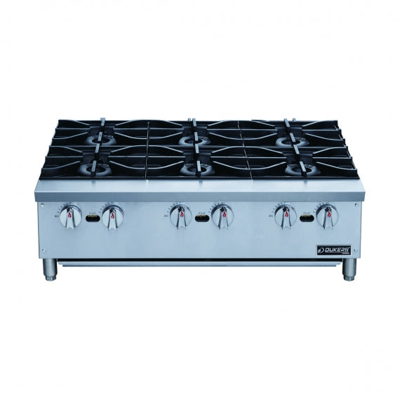 Dukers DCHPA36 36" Countertop Gas Hotplate with (6) Burners, Manual Controls, 168.000 BTU