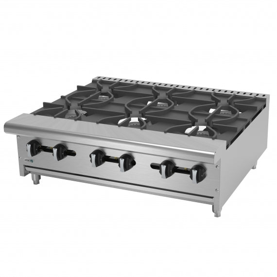 Asber AEHP-6-36 36" Countertop Gas Hotplate with (6) Burners, Manual Controls, 180.000 BTU