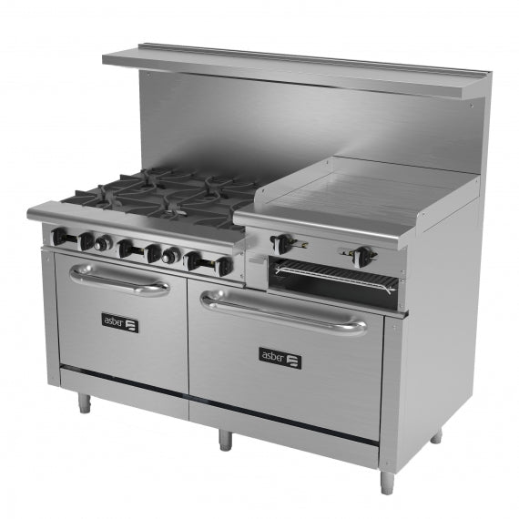 Asber AEMR-2-RG24-B6-60-H 60" Gas Restaurant Range w/ (6) Open Burners, (1) 24" Raised Griddle, (1) Standard Oven, (1) Space Saver Oven, 288.000 BTU