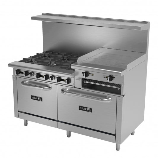 Asber AEMR-2-RG24-B6-60-H 60" Gas Restaurant Range w/ (6) Open Burners, (1) 24" Raised Griddle, (1) Standard Oven, (1) Space Saver Oven, 288.000 BTU