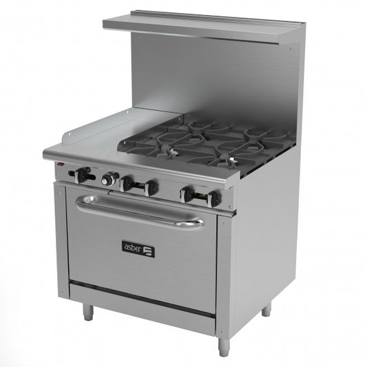 Asber AEMR-G12-B4-36 36" Gas Restaurant Range w/ (4) Open Burners, (1) 12" Griddle, (1) Standard Oven, 174.000 BTU