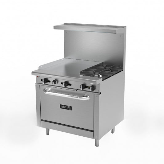 Asber AEMR-G24-B2-36-H 36" Gas Restaurant Range w/ (2) Open Burners, (1) 24" Griddle, (1) Standard Oven, 138.000 BTU