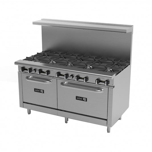 Asber AER-2-B10-60 60" Gas Restaurant Range w/ (10) Open Burners, (1) Standard Oven, (1) Space Saver Oven, 360.000 BTU