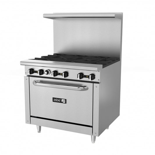 Asber AER-6-36 36" Gas Restaurant Range w/ (6) Open Burners,(1) Standard Oven, 210.000 BTU